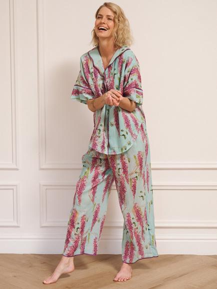 Their Nibs Gauze Wisteria Oversized Long Pyjamas, Duck Egg - view 2, Duck Egg
