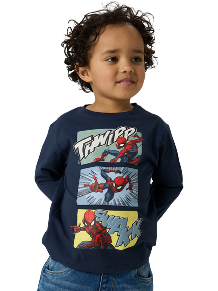 NAME IT Kids' Cotton Blend Long Sleeve Spiderman Top, Navy Blazer, Navy Blazer