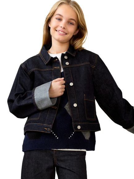 JJXX Kids' Vega Pure Cotton Long Sleeve Denim Jacket, Dark Blue Denim, Dark Blue Denim