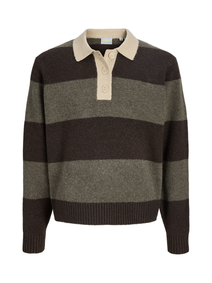 JJXX Kids' Ruby Knitted Stripe Polo Jumper, Seal Brown, Seal Brown