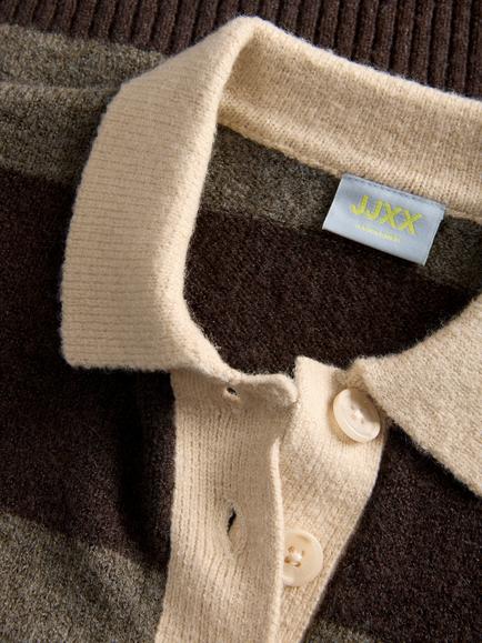 JJXX Kids' Ruby Knitted Stripe Polo Jumper, Seal Brown - view 2, Seal Brown