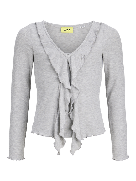 JJXX Kids' Long Sleeve Ribbed Ruffle Top, Light Grey, Light Grey