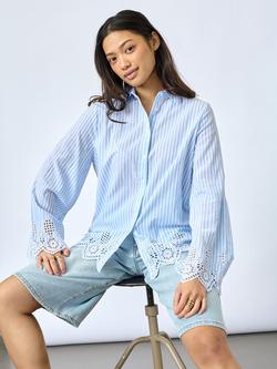 Sisters Point IBEA-SH Striped Broderie Hem Shirt, Blue, Blue