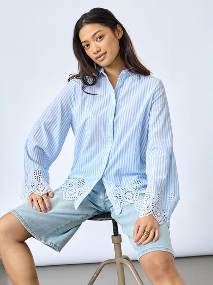 Sisters Point IBEA-SH Striped Broderie Hem Shirt, Blue, Blue