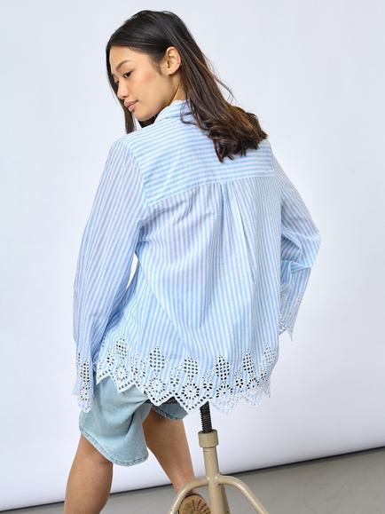 Sisters Point IBEA-SH Striped Broderie Hem Shirt, Blue - view 2, Blue