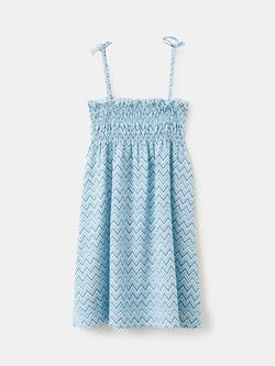 Mango Kids' Zig Zag Smocked Bodice Tie-Strap Sundress, Sky Blue, Sky Blue