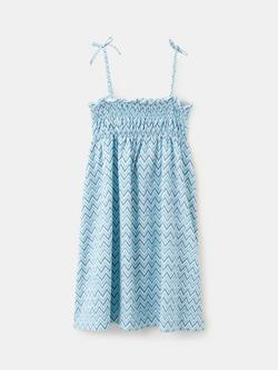 Mango Kids' Zig Zag Smocked Bodice Tie-Strap Sundress, Sky Blue - view 2, Sky Blue