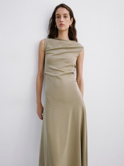 Mango Asymmetric Drape Midi Dress, Khaki, Khaki