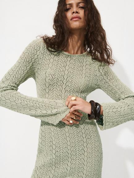 Mango Long Sleeve Crochet Mini Dress, Pastel Green, Pastel Green