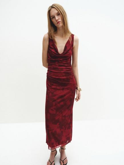 Mango Cowl Back Slip Midi Dress, Bordeaux, Bordeaux