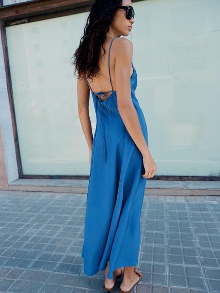 Mango Seam Detail Slip Midi Dress, Blue - view 2, Blue