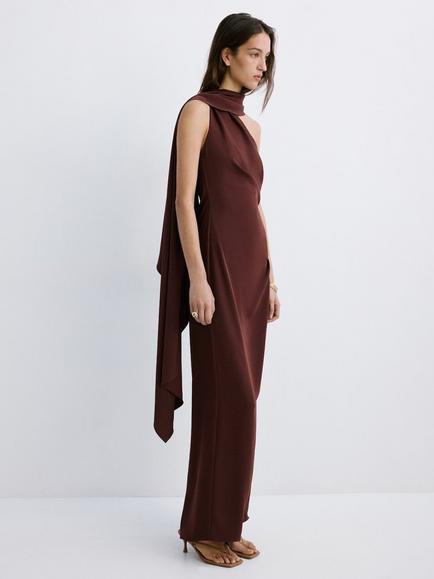 Mango Scarf Neck Maxi Dress, Brown, Brown