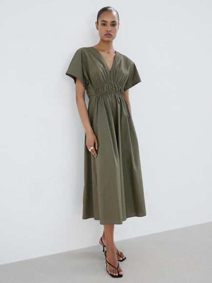 Mango V-Neck Smocked Waist Midi Dress, Khaki, Khaki