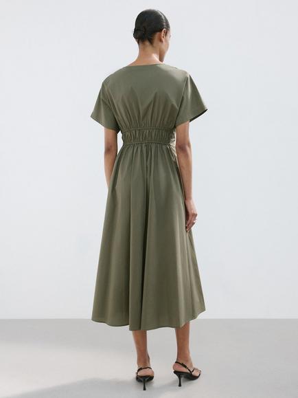 Mango V-Neck Smocked Waist Midi Dress, Khaki - view 2, Khaki