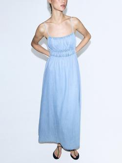 Mango Thin Straps Smocked Waist Maxi Dress, Light Blue, Light Blue