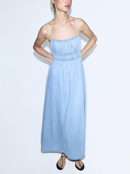 Mango Thin Straps Smocked Waist Maxi Dress, Light Blue, Light Blue