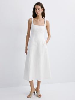 Mango Square Neck Linen A-Line Dress, White, White