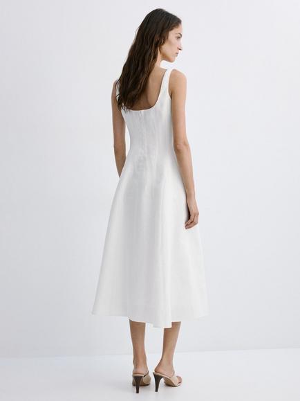 Mango Square Neck Linen A-Line Dress, White - view 2, White
