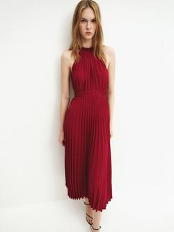 Mango Halterneck Pleat Maxi Dress, Cherry, Cherry