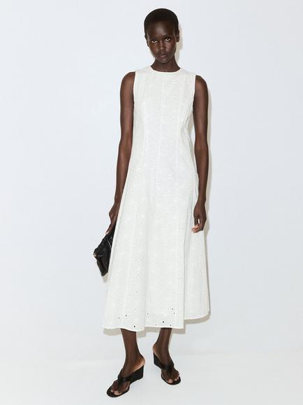 Mango Sleeveless A-Line Embroidered Cotton Maxi Dress, White, White