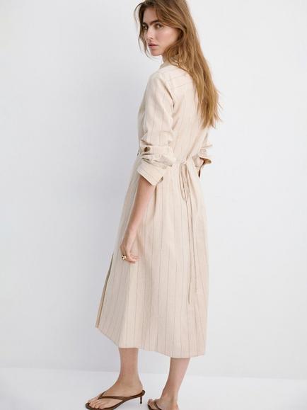 Mango Collared Striped Wrap Front Midi Shirt Dress, Brown - view 2, Brown