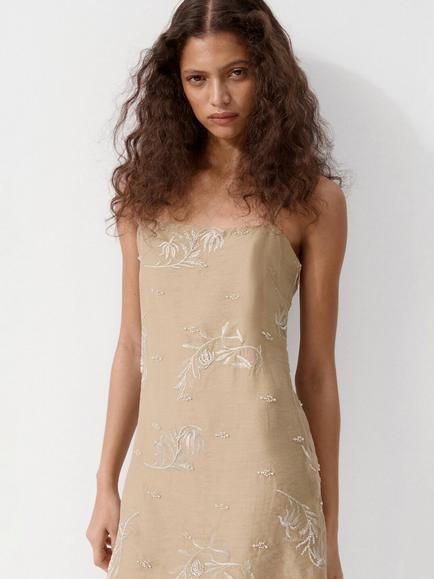 Mango Embroidered Square Neck Slip Mini Dress, Beige, Beige
