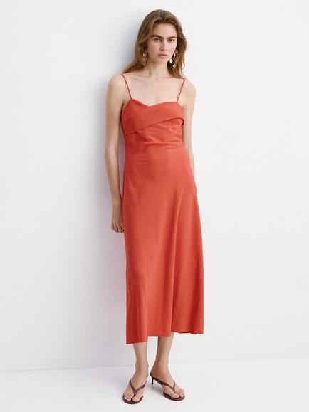 Mango Asymmetric Draped Midi Slip Dress, Red