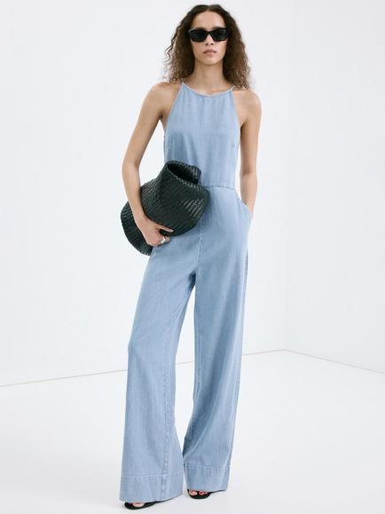 Mango Sleeveless Sculpted Wide Leg Denim Jumpsuit, Light Blue, Light Blue