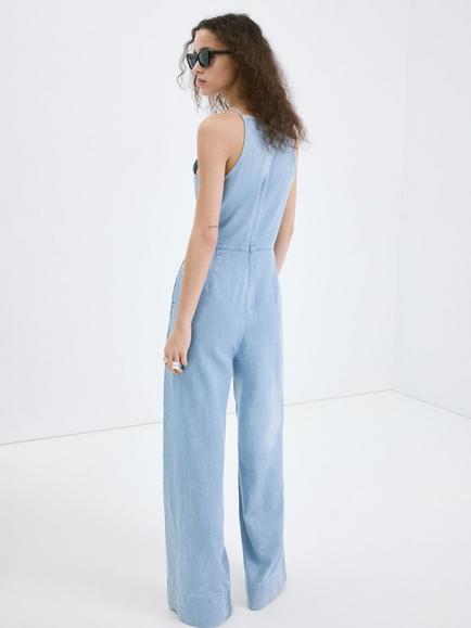 Mango Sleeveless Sculpted Wide Leg Denim Jumpsuit, Light Blue - view 2, Light Blue