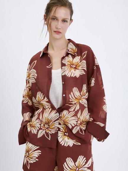 Mango Floral Shirt, Bordeaux, Bordeaux