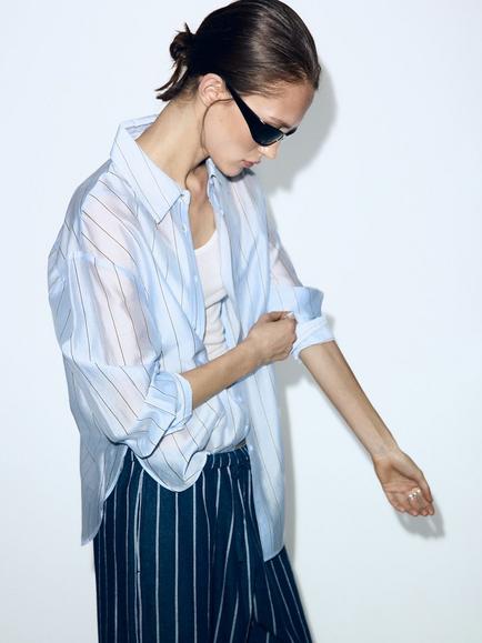Mango Relaxed Striped Shirt, Sky Blue, Sky Blue