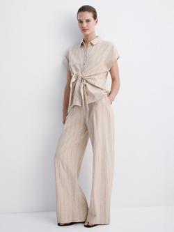 Mango Striped Linen Blend Twist Shirt, Brown, Brown