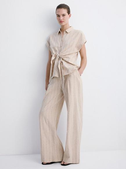 Mango Striped Linen Blend Twist Shirt, Brown, Brown