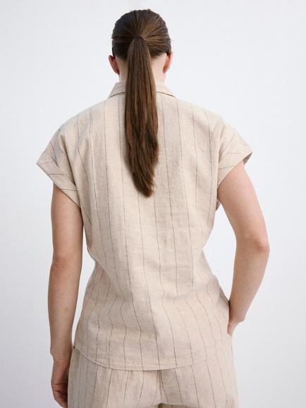 Mango Striped Linen Blend Twist Shirt, Brown - view 2, Brown