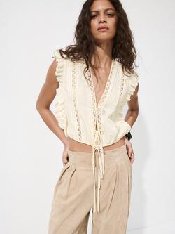 Mango Ruffled Lace Trim V-Neck Cropped Top, Beige, Beige