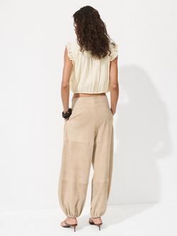 Mango Ruffled Lace Trim V-Neck Cropped Top, Beige - view 2, Beige