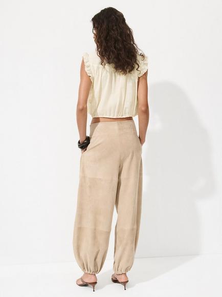 Mango Ruffled Lace Trim V-Neck Cropped Top, Beige - view 2, Beige