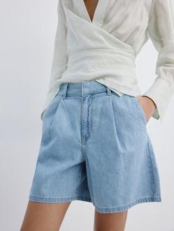 Mango Mid Rise Pleated Bermuda Shorts, Light Blue, Light Blue