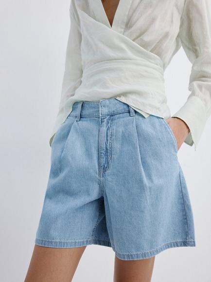 Mango Mid Rise Pleated Bermuda Shorts, Light Blue, Light Blue