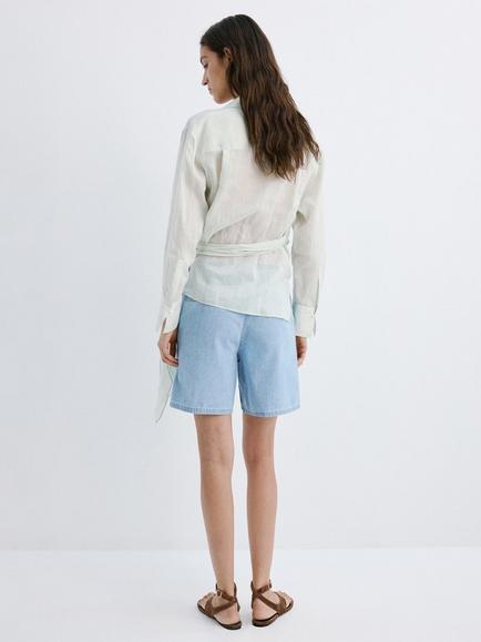 Mango Mid Rise Pleated Bermuda Shorts, Light Blue - view 2, Light Blue
