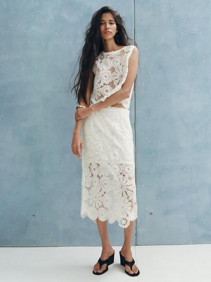 Mango Crochet Floral Midi Skirt, Off White, Off White