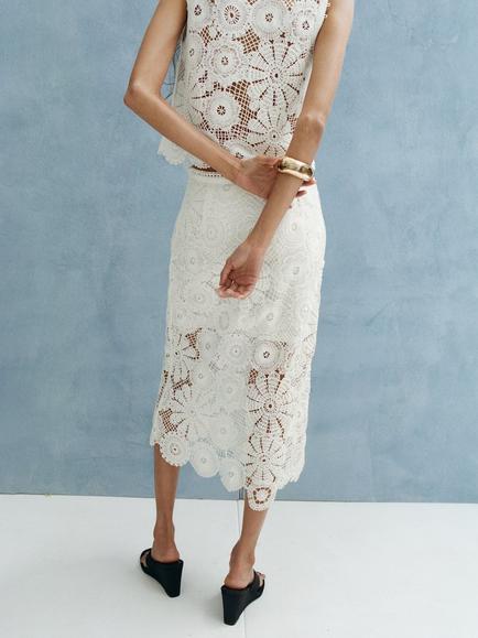 Mango Crochet Floral Midi Skirt, Off White - view 2, Off White