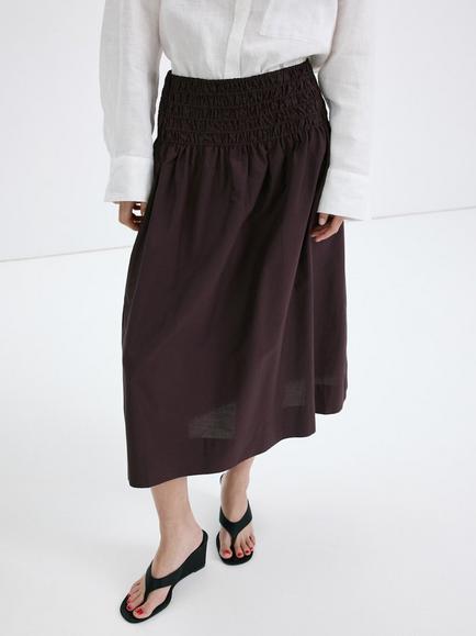 Mango Smocked Waist A Line Midi Skirt, Chocolate, Chocolate