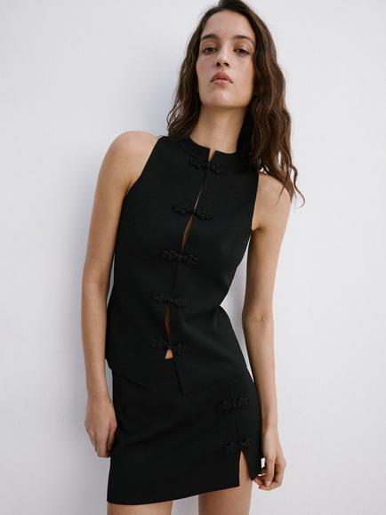 Mango Mandarin-Collar Loop-Closure Knit Vest, Black, Black