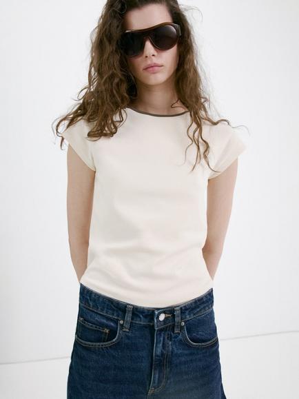 Mango Collar Contrast T-Shirt, Beige
