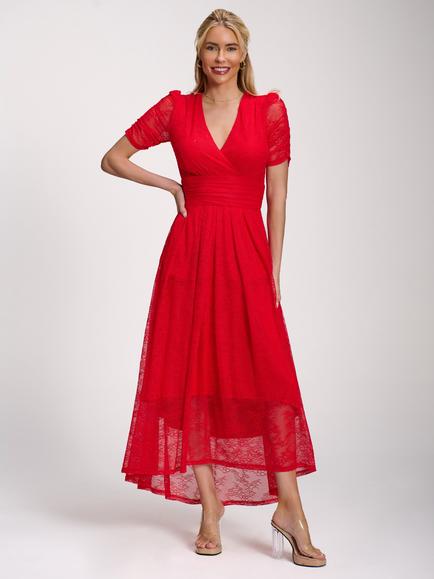 Jolie Moi Lace Dip Hem Maxi Dress, Red, Scarlet Red