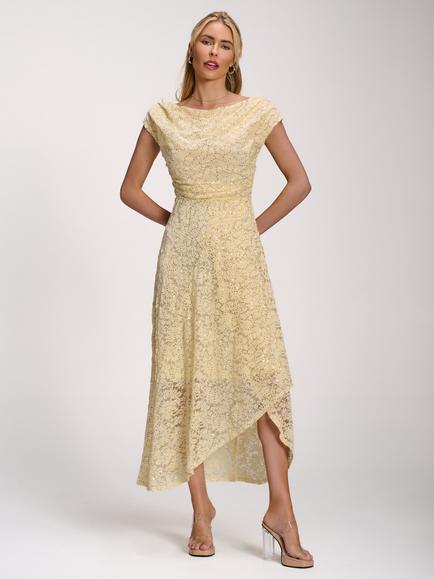Jolie Moi Embellishment Asymmetrical Lace Dress, Yellow, Butter Yellow