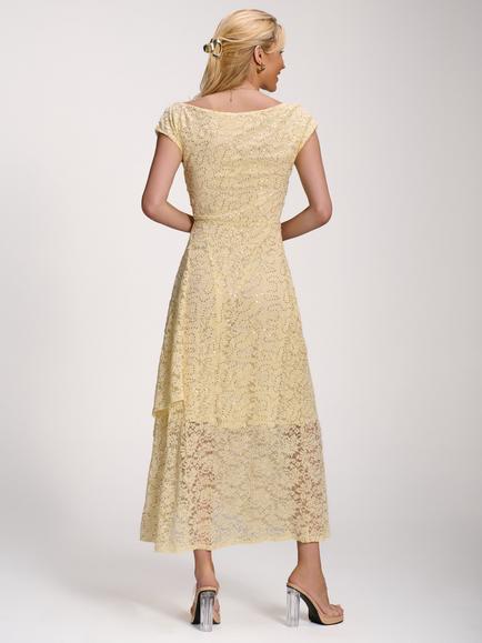 Jolie Moi Embellishment Asymmetrical Lace Dress, Yellow - view 2, Butter Yellow