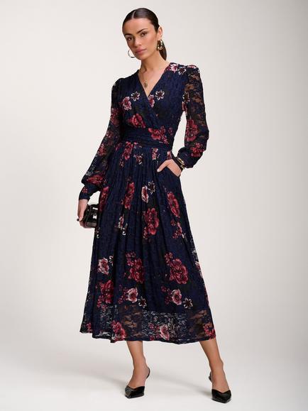 Jolie Moi Printed Lace Pleated Dress, Navy, Navy