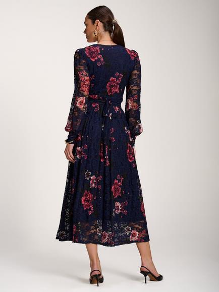 Jolie Moi Printed Lace Pleated Dress, Navy - view 2, Navy